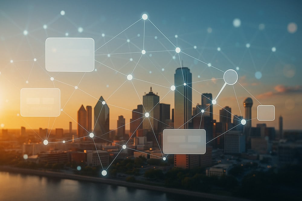 AI knowledge graph overlay above the Dallas–Fort Worth skyline illustrating AI SEO overviews and generative-search visibility